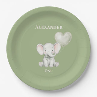 Sage Green Elephant First Birthday Name and Age Paper Plate