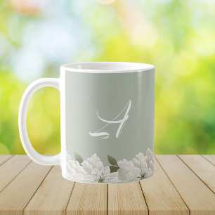 Sage Green Embossed Floral Elegant Monogram Coffee Mug