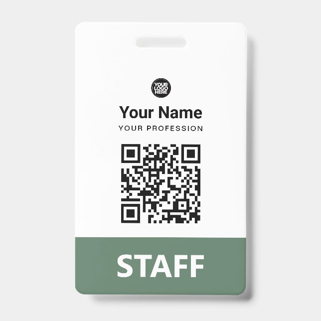 Sage Green Employee Qr Code, Bar Code, Logo, Name ID Badge (Front)