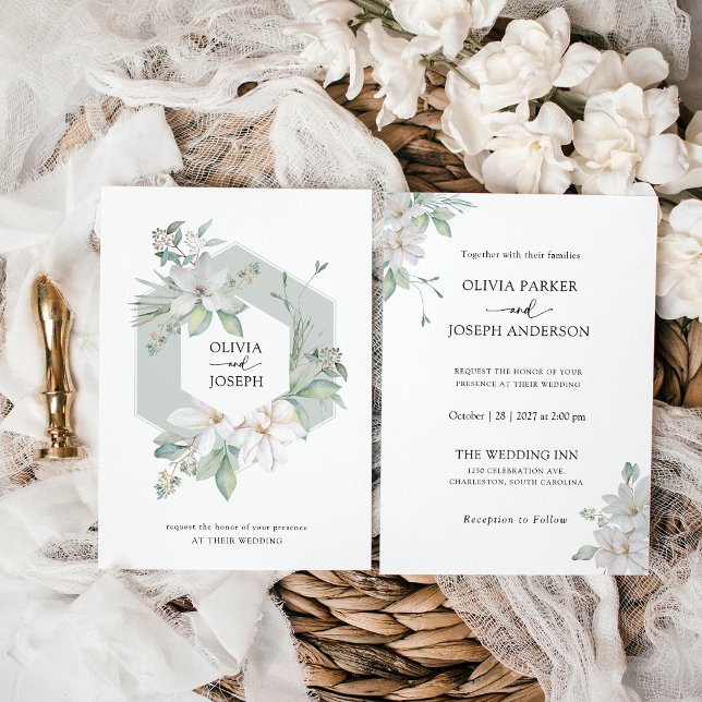 Sage Green | Eucalyptus and Magnolia Wedding Invitation (Creator Uploaded)