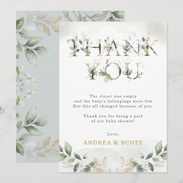 Sage Green Eucalyptus Baby Shower Thank You Card (Front/Back)