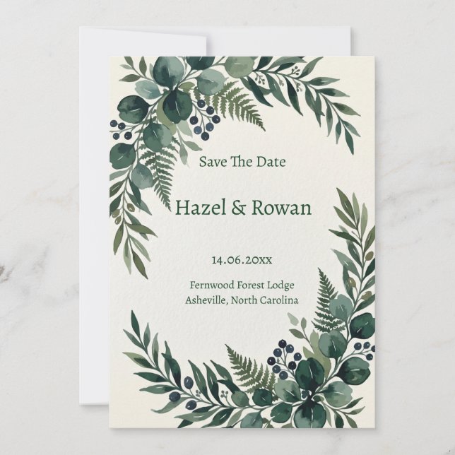 Sage Green Eucalyptus Berry Save the Date Invitation (Front)