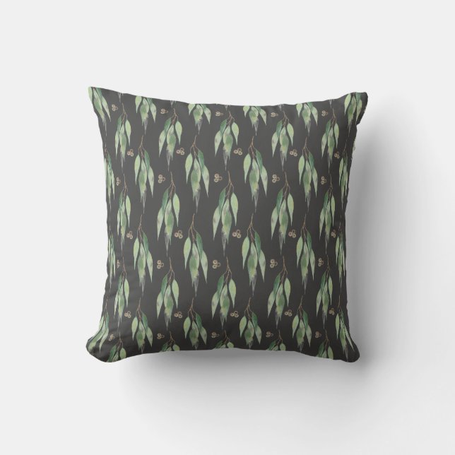 SAGE GREEN EUCALYPTUS BLACK PATTERN CUSHION (Front)