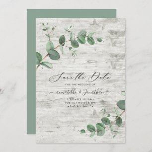 Sage green Eucalyptus botanical foliage white wood Save The Date