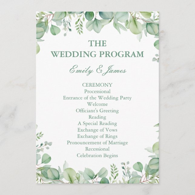 Sage Green Eucalyptus Botanical Wedding PROGRAM Programme (Front)
