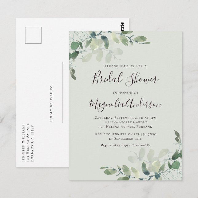 Sage Green Eucalyptus Bridal Shower Invitation Postcard (Front/Back)