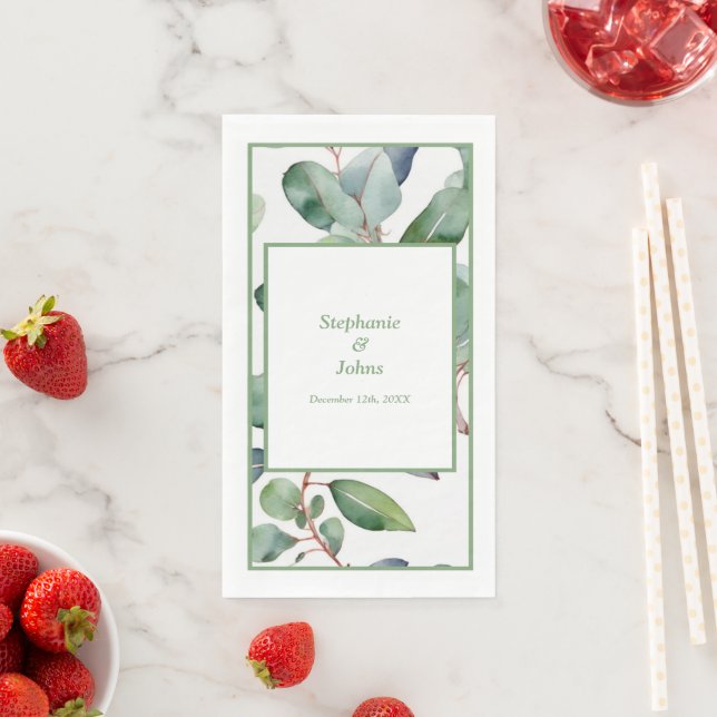 Sage Green Eucalyptus Dusty Blue Leaves Wedding Napkin (Insitu)