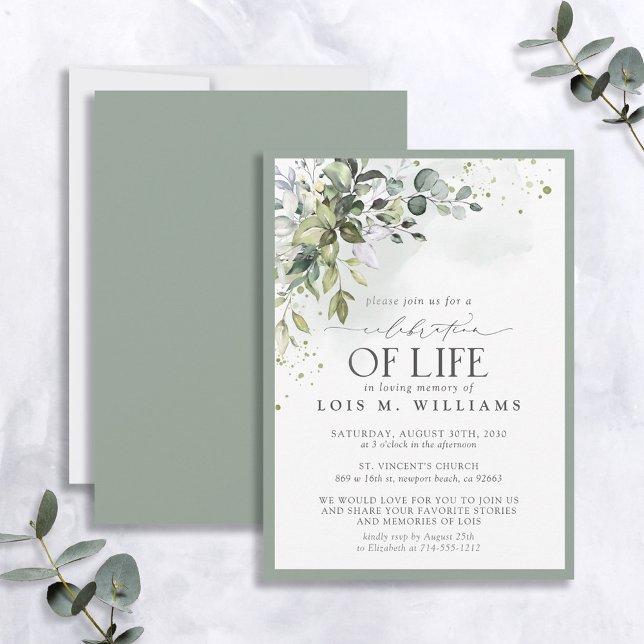 Sage Green Eucalyptus Floral Celebration of Life Invitation (Creator Uploaded)