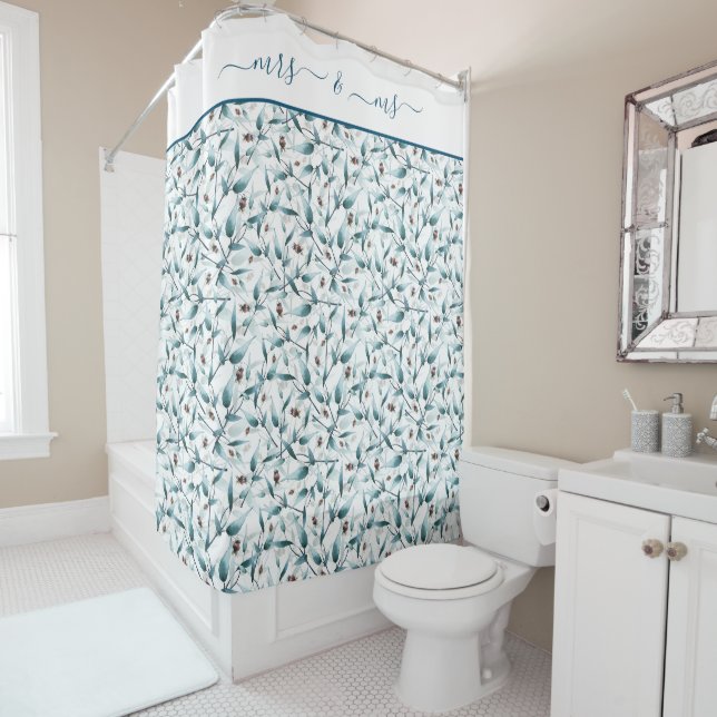 Sage green eucalyptus floral pattern shower curtain (In Situ)