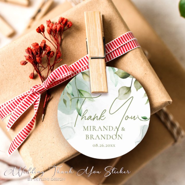 Sage Green Eucalyptus Foliage Wedding Thank You Classic Round Sticker (Creator Uploaded)