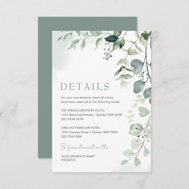 Sage Green Eucalyptus Garden Wedding Details Enclosure Card (Front/Back)