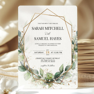 Sage Green Eucalyptus Gold Geometric Wedding  Invitation