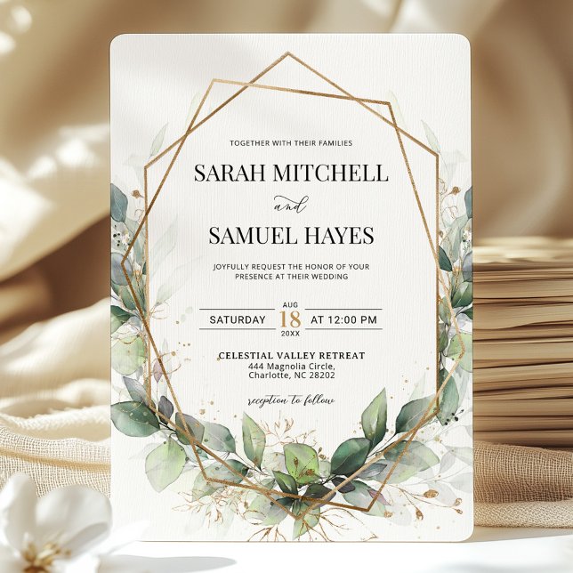 Sage Green Eucalyptus Gold Geometric Wedding  Invitation (Creator Uploaded)