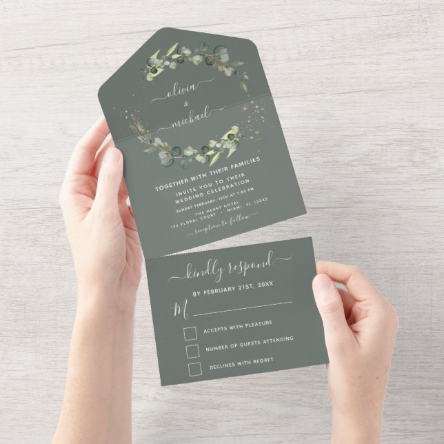 Sage Green Eucalyptus Greenery Wedding Elegant All In One Invitation (Tearaway)