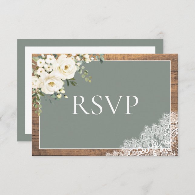 Sage Green Eucalyptus Lace Wood Wedding RSVP (Front/Back)