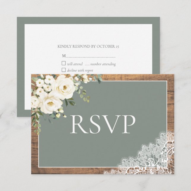 Sage Green Eucalyptus Lace Wood Wedding RSVP Card (Front/Back)
