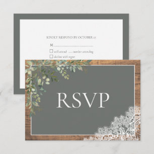 Sage Green Eucalyptus Lace Wood Wedding RSVP Card