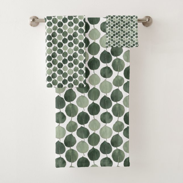 Sage Green Eucalyptus Leaf Pattern Botanical Plant Bath Towel Set (Insitu)