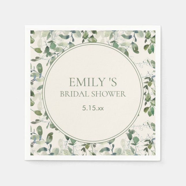 Sage Green Eucalyptus Leaves Cream Bridal Shower Napkin (Front)