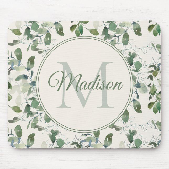 Sage Green Eucalyptus Leaves Cream Monogram Name Mouse Pad (Front)