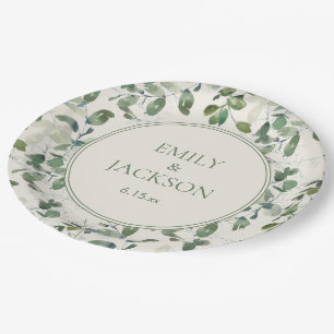 Sage Green Eucalyptus Leaves Cream Wedding Paper Plate