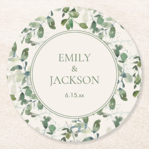 Sage Green Eucalyptus Leaves Cream Wedding Round Paper Coaster