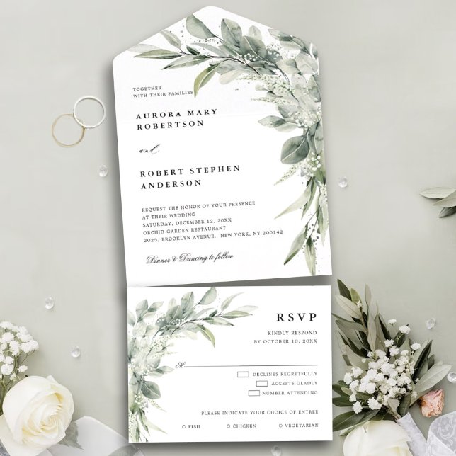 Sage Green Eucalyptus Minimalist Botanical Wedding All In One Invitation (Creator Uploaded)