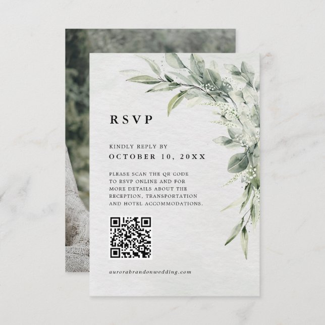 Sage Green Eucalyptus Minimalist  QR code Photo RSVP Card (Front/Back)
