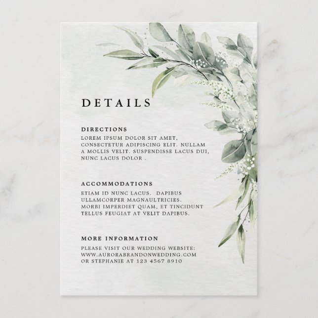 Sage Green Eucalyptus Minimalist Wedding Details Enclosure Card (Front)