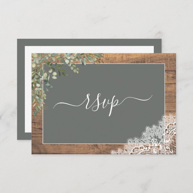 Sage Green Eucalyptus Script Lace Wood RSVP (Front/Back)