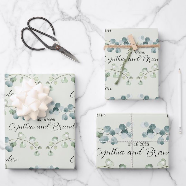 Sage Green Eucalyptus Sprigs Wedding Branding Wrapping Paper Sheet (Front)