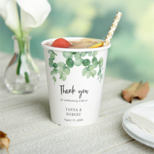 Sage Green Eucalyptus Thank you Elegant Lettering Paper Cups