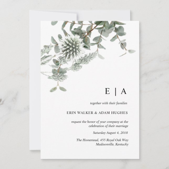 Sage green eucalyptus watercolor wedding invitation (Front)
