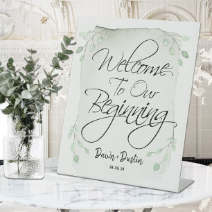 Sage Green Eucalyptus Welcome To Our Beginning Pedestal Sign