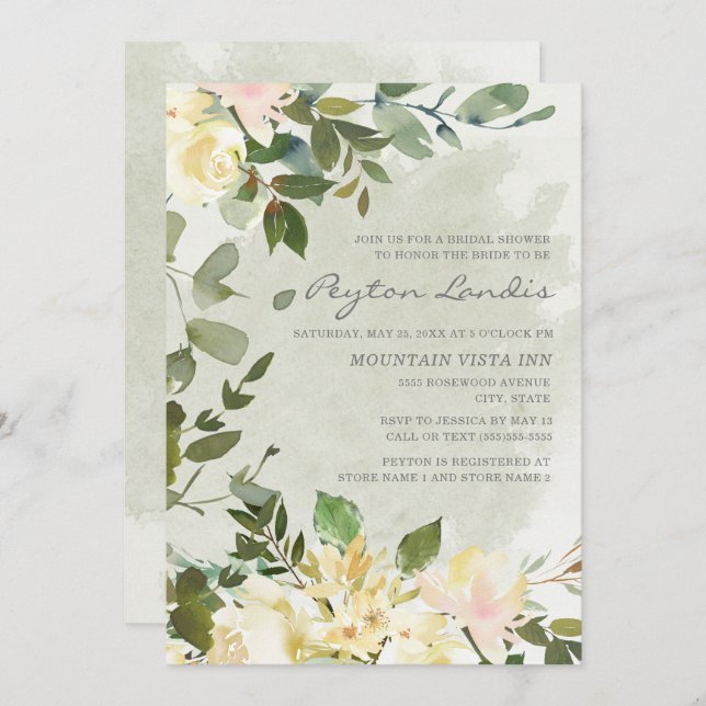 Sage Green Eucalyptus White Floral Bridal Shower Invitation (Front/Back)