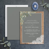 Sage Green Eucalyptus Wood Lace Script Wedding Inv