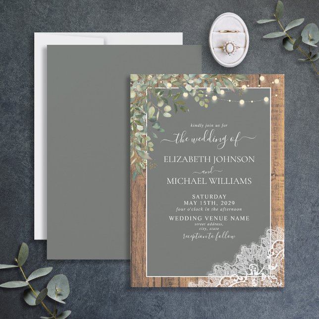 Sage Green Eucalyptus Wood Lace Script Wedding Invitation (Creator Uploaded)