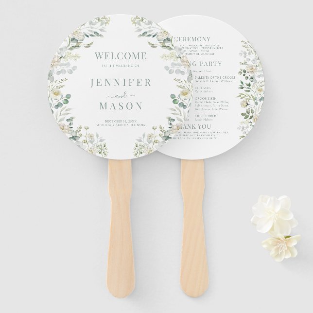 Sage Green Eucalyptus Wreath Boho Wedding Program Hand Fan (Front and Back)