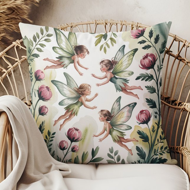 Sage Green Fairycore Floral Throw Pillow (Sage Green Fairycore Floral Throw Pillow in a boho rattan armchair.)