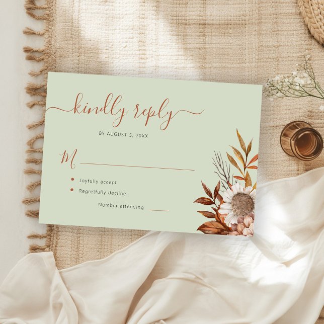 Sage green fall boho botanical floral wedding RSVP card (Creator Uploaded)