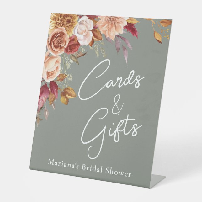 Sage Green Fall Floral Bridal Shower Cards & Gifts Pedestal Sign (Front)