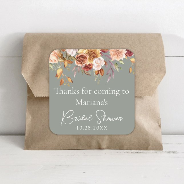 Sage Green Fall Floral Bridal Shower Favours Square Sticker (Creator Uploaded)