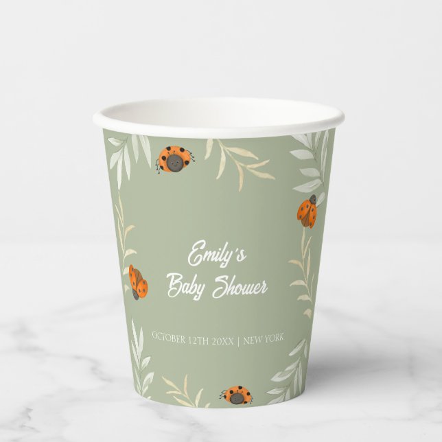 Sage Green Fall Ladybug Greenery Baby Shower  Paper Cups (Front)