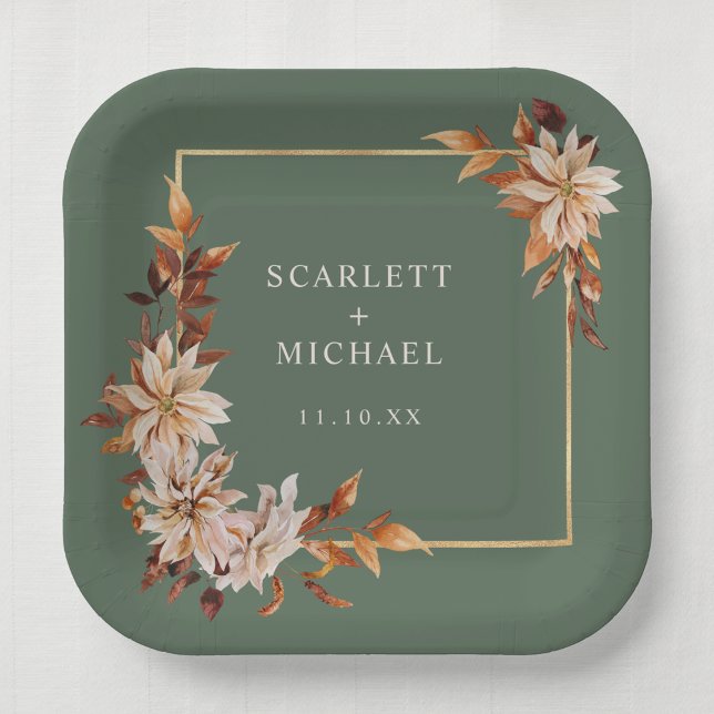 Sage Green Fall Paper Plate (Elegant Copper Leaves Sage Green Fall Square Paper Plate by Painted Paperie
)