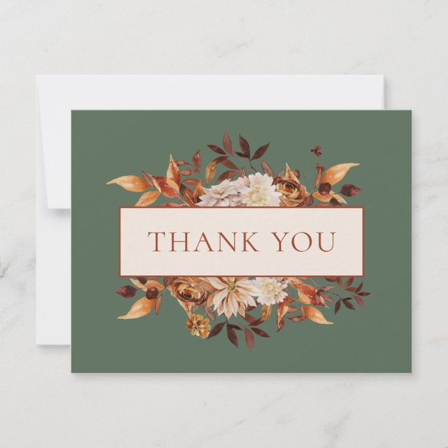 Sage Green Fall Terracotta Leaves Floral Thank You Card (Front)