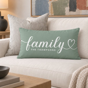 Sage Green Family Heart Script Monogram Lumbar Cushion