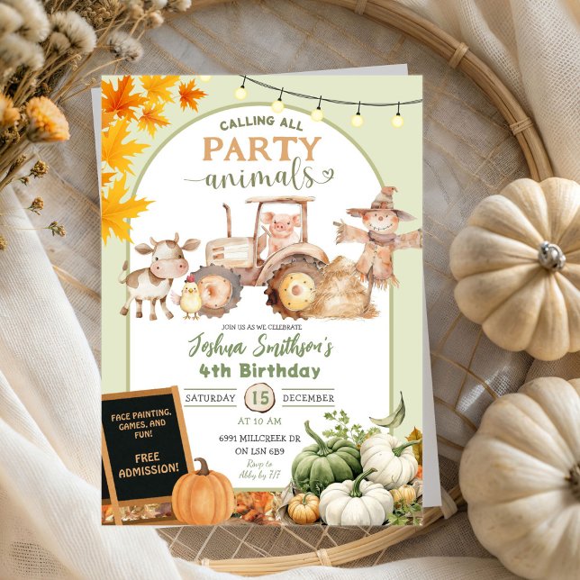 Sage Green Farm Party Animals Pumpkin Birthday Invitation (Creator Uploaded)