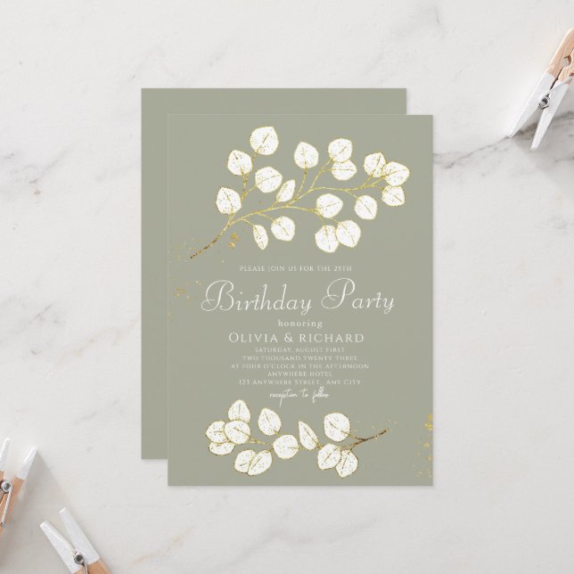 Sage Green Faux Gold Greenery Eucalyptus  Invitation (Front/Back In Situ)