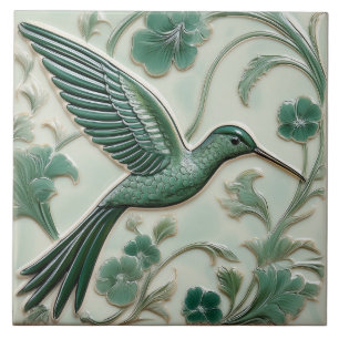 Sage green faux relief Art Nouveau Hummingbird R Tile