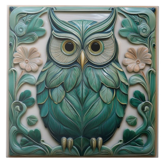Sage green faux relief Art Nouveau Owl Tile (Front)